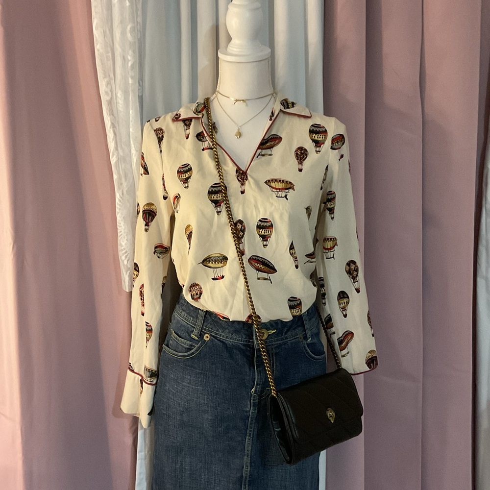 Zara elegant unique Cream Brown Sleeve Buttoned Blouse with red waist